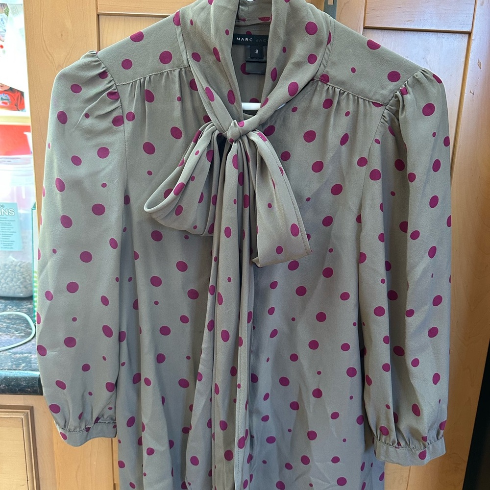 Marc Jacobs Gray Blouse with Pink Polka Dots